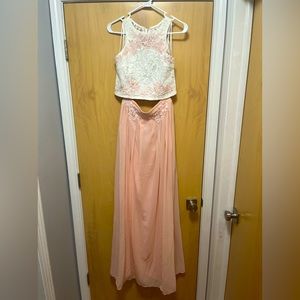 White lace and pale pink two piece maxi set